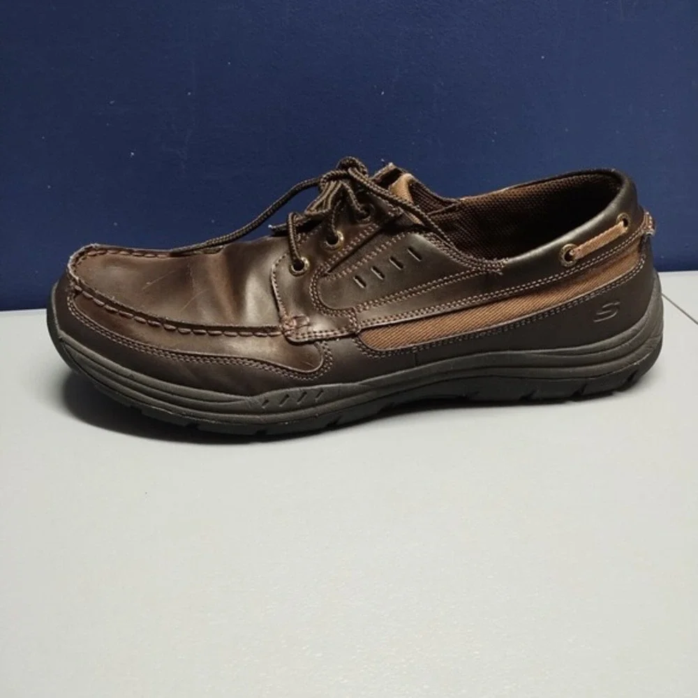 Skechers Boat Shoes Mens Size 11.5 Brown Leather Relaxed Fit‎ Memory Foam 64114